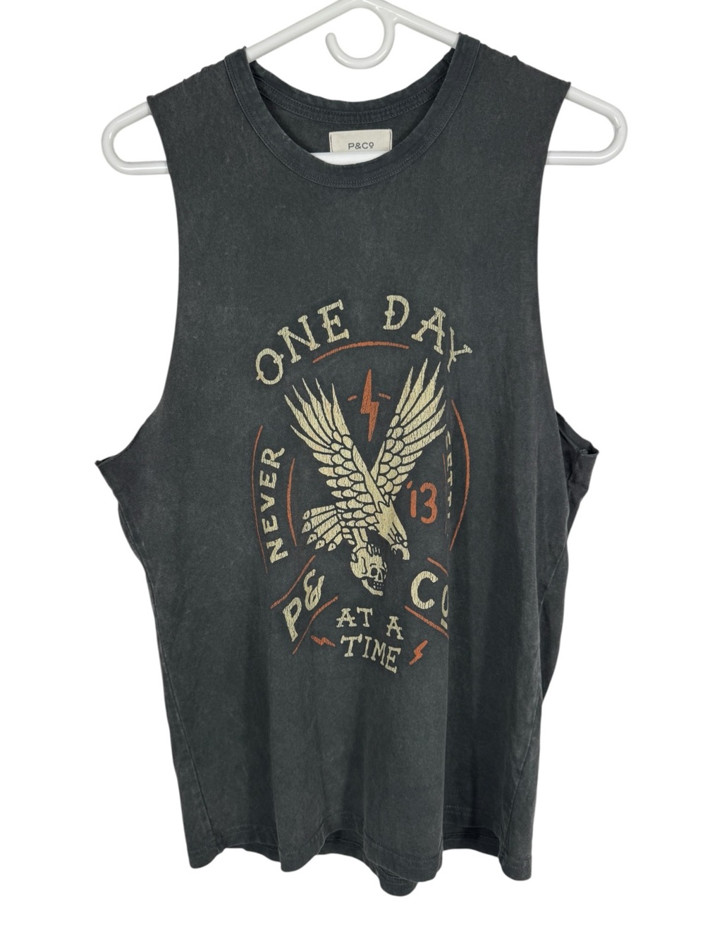 P&Co One Day At A Time Graphic Eagle Muscle Tank, Acid Wash Black, UK12 (US 8/M)